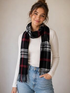 Classic Black Plaid Fringe Scarf - Women Accessories